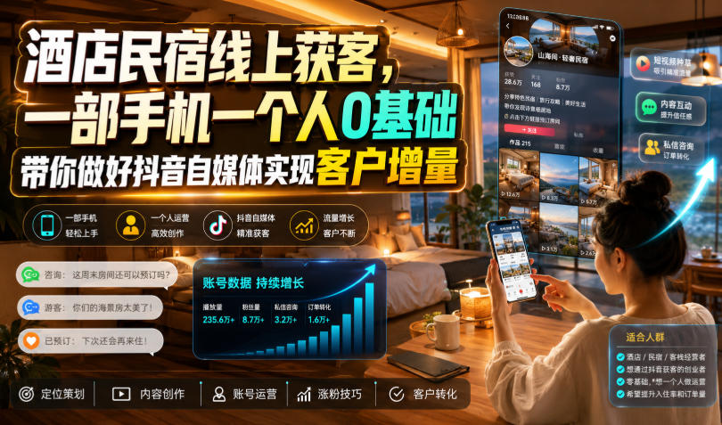 酒店民宿线上获客,一部手机一个人0基础带你做好抖音自媒体实现客户增量云学当下-创业资源网-知予轻创网-资源整合-互联网创业课程云学当下