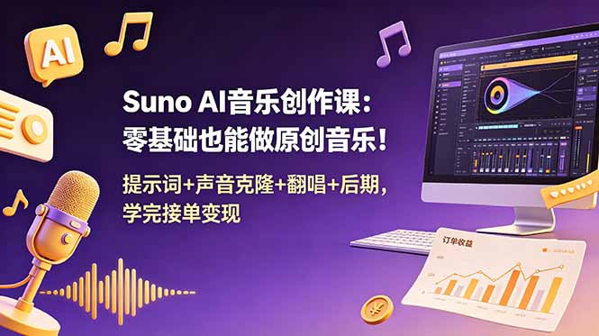 Suno AI音乐创作课：零基础也能做原创音乐！提示词+声音克隆+翻唱+后期，学完接单变现云学当下-创业资源网-知予轻创网-资源整合-互联网创业课程云学当下