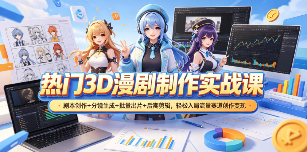 热门3D漫剧制作实战课,剧本创作+分镜生成+批量出片+后期剪辑,轻松入局流量赛道创作变现云学当下-创业资源网-知予轻创网-资源整合-互联网创业课程云学当下