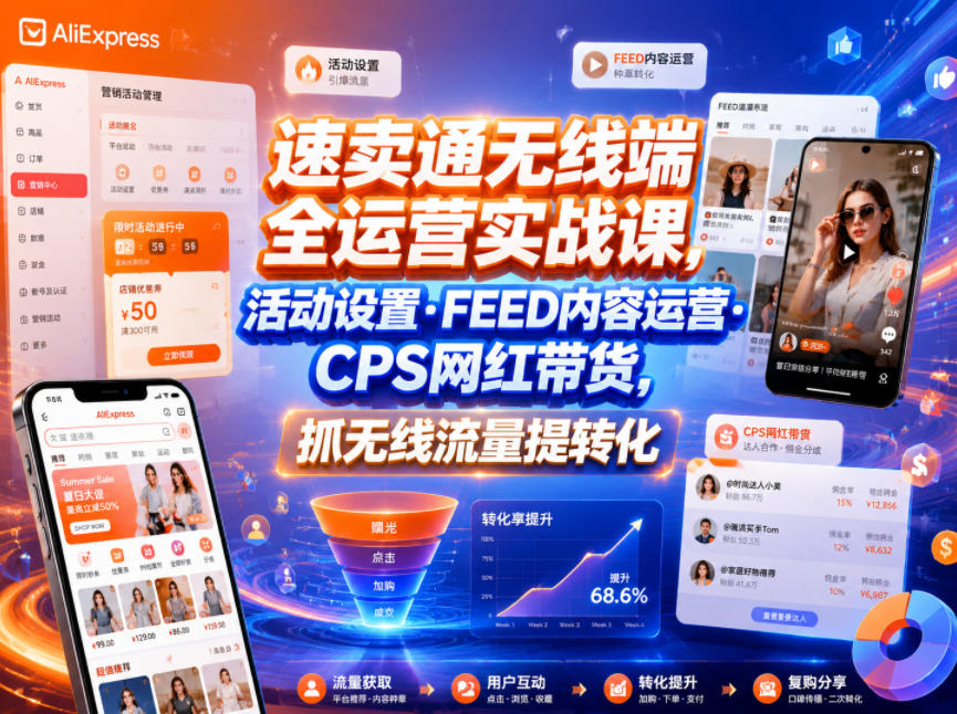 速卖通无线端全运营实战课,活动设置・FEED内容运营・CPS网红带货,抓无线流量提转化云学当下-创业资源网-知予轻创网-资源整合-互联网创业课程云学当下