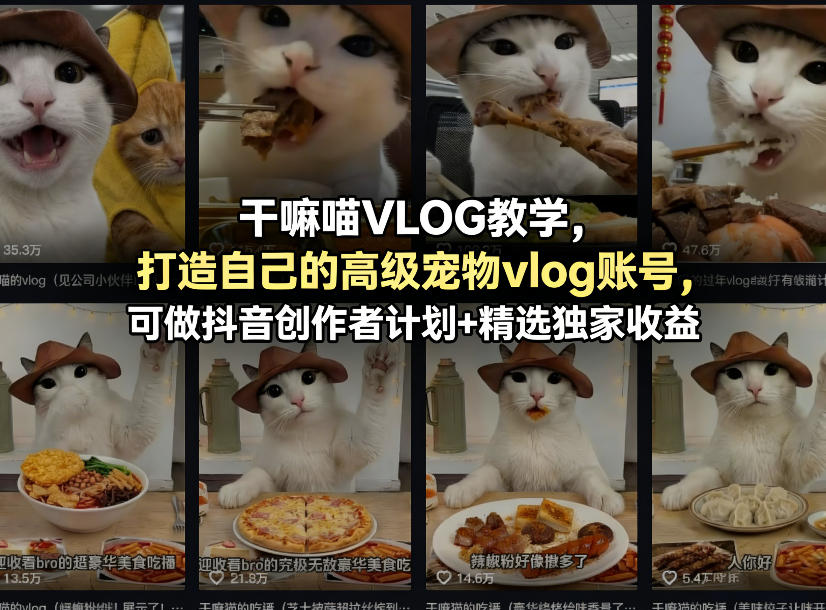 干嘛喵VLOG教学，打造自己的高级宠物vlog账号，可做抖音创作者计划+精选独家收益-云学当下