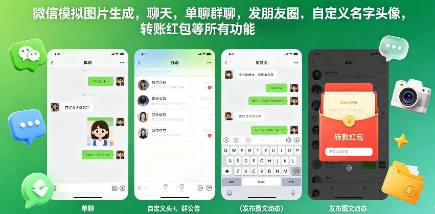微信模拟图片生成,聊天,单聊群聊,发朋友圈,自定义名字头像,转账红包等所有功能都可以生成云学当下-创业资源网-知予轻创网-资源整合-互联网创业课程云学当下