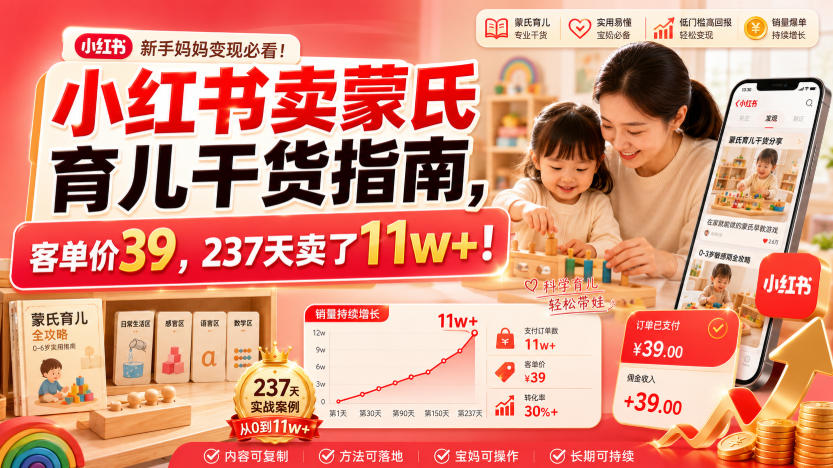 小红书卖蒙氏育儿干货指南,客单价39,237天卖了11w+!云学当下-创业资源网-知予轻创网-资源整合-互联网创业课程云学当下
