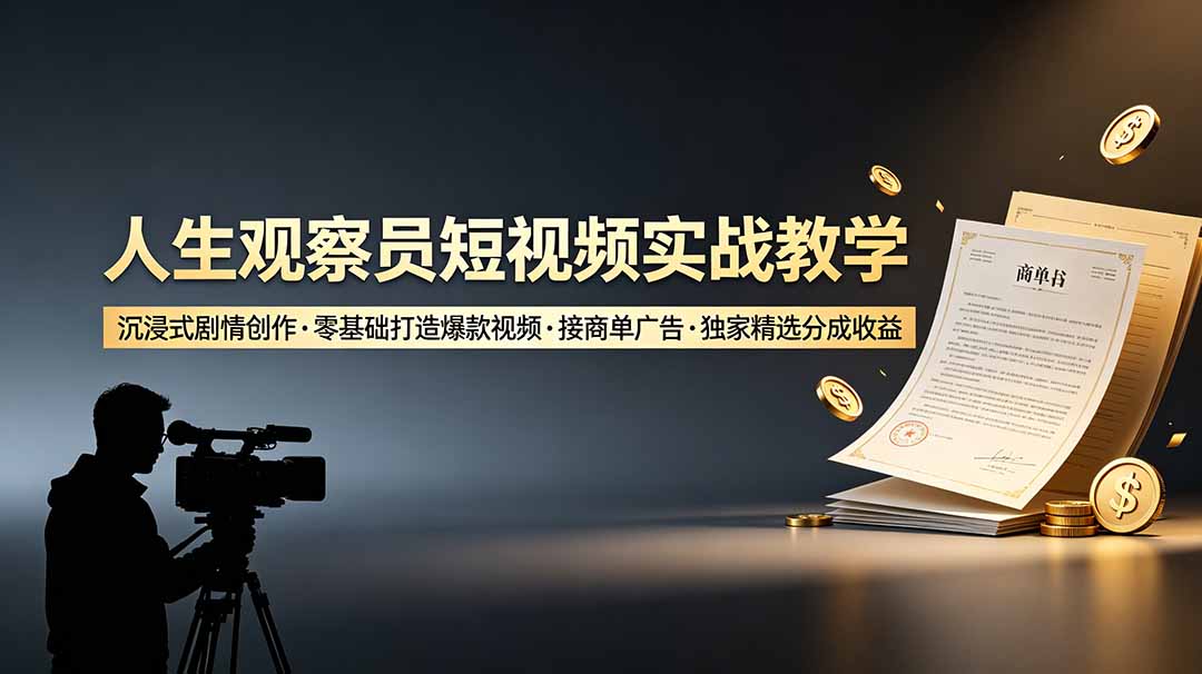 人生观察员短视频实战教学，沉浸式剧情创作，零基础打造爆款视频，接商单广告，独家精选分成收益云学当下-创业资源网-知予轻创网-资源整合-互联网创业课程云学当下