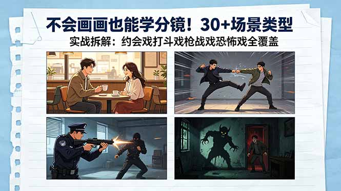 不会画画也能学分镜！30+场景类型实战拆解：约会戏打斗戏枪战戏恐怖戏全覆盖云学当下-创业资源网-知予轻创网-资源整合-互联网创业课程云学当下