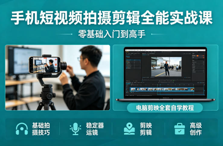 手机短视频拍摄剪辑全能实战课:零基础入门到高手,稳定器运镜+电脑剪映全套自学教程云学当下-创业资源网-知予轻创网-资源整合-互联网创业课程云学当下