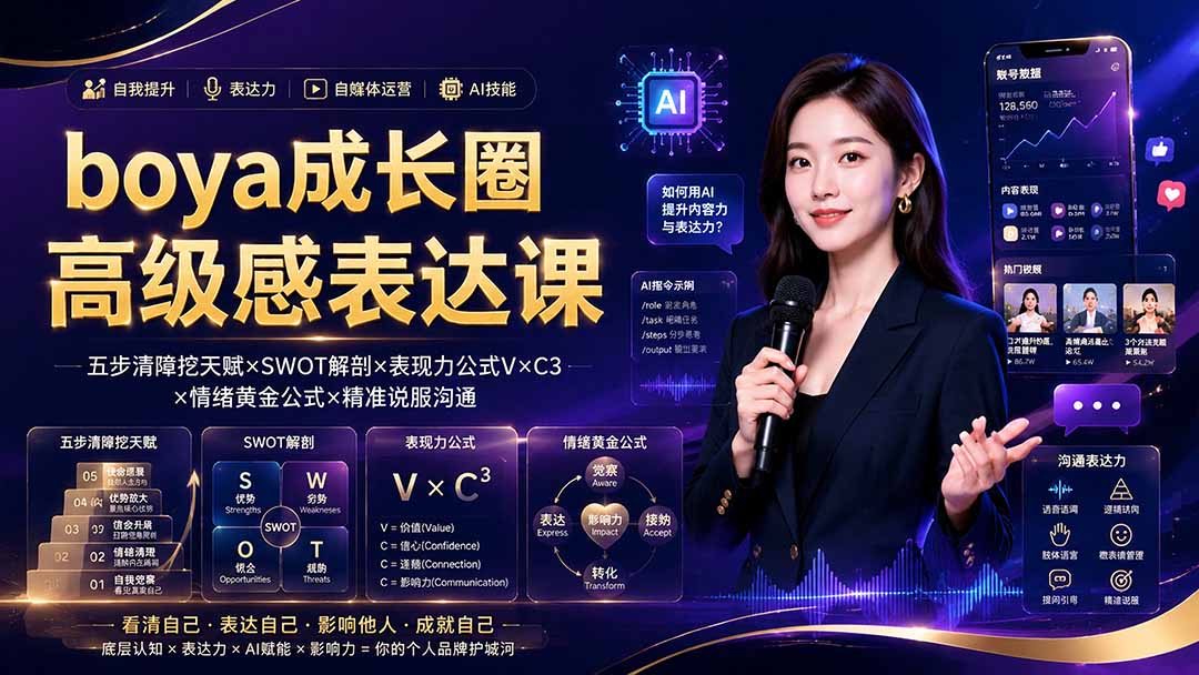 boya成长圈｜内心成长高级表达AI自媒体三合一，消解内耗挖掘天赋，镜头沟通AI指令短视频全流程教学云学当下-创业资源网-知予轻创网-资源整合-互联网创业课程云学当下