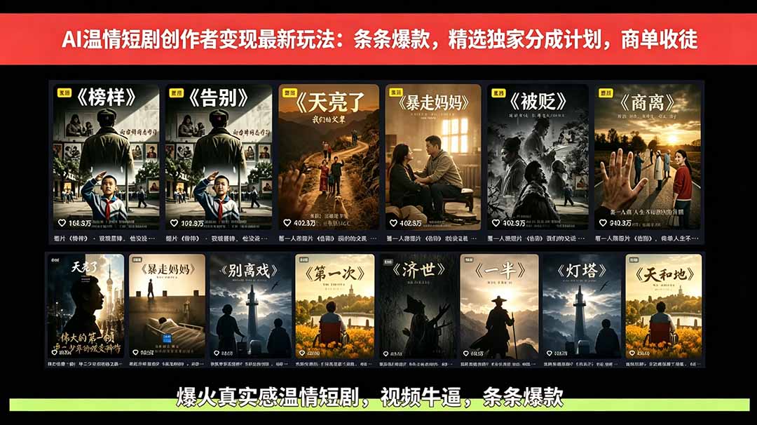 AI温情短剧创作者变现最新玩法：视频牛逼，条条爆款，精选独家分成计划，商单收徒云学当下-创业资源网-知予轻创网-资源整合-互联网创业课程云学当下