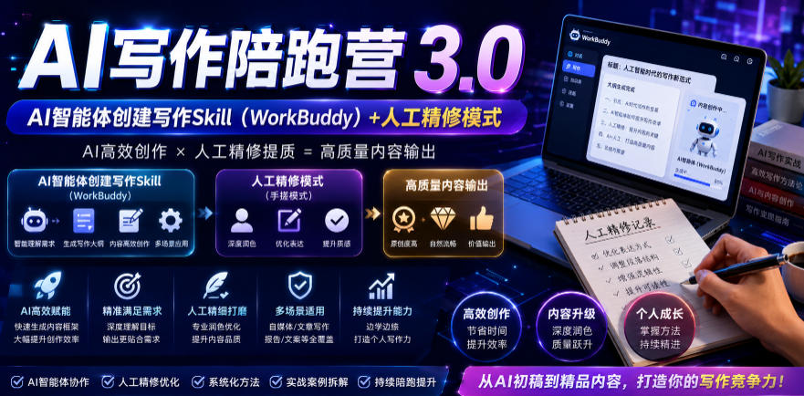 AI写作陪跑营3.0,Ai智能体创建写作skill(workbuddy)+人工手写模式(手搓模式),去除AI痕迹(头条号、公众号、百家号)(更新0730)云学当下-创业资源网-知予轻创网-资源整合-互联网创业课程云学当下