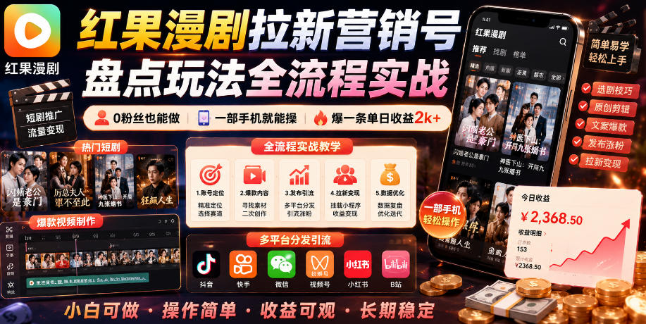 红果漫剧拉新营销号盘点玩法全流程实战，0粉丝也能做，一部手机就能做，爆一条单日收益2k+(更新0628)云学当下-创业资源网-知予轻创网-资源整合-互联网创业课程云学当下