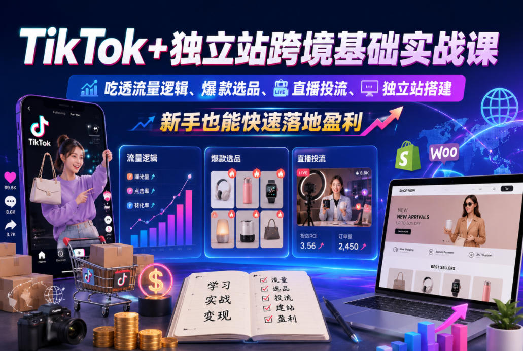 TikTok+独立站跨境基础实战课,吃透流量逻辑、爆款选品、直播投流与独立站搭建,新手也能快速落地盈利云学当下-创业资源网-知予轻创网-资源整合-互联网创业课程云学当下