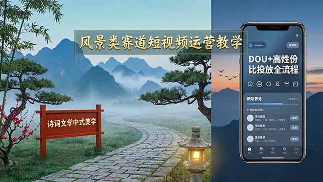 风景类赛道短视频运营教学：诗词文学中式美学，新号养号对标账号定位，DOU+高性价比投放全流程云学当下-创业资源网-知予轻创网-资源整合-互联网创业课程云学当下