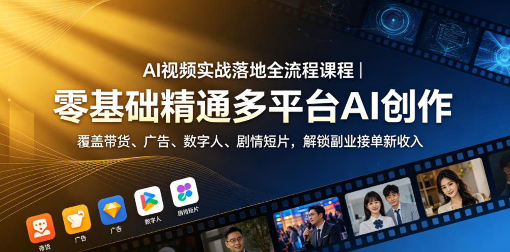 AI视频实战落地全流程课程｜零基础精通多平台AI创作，覆盖带货、广告、数字人、剧情短片，解锁副业接单新收入云学当下-创业资源网-知予轻创网-资源整合-互联网创业课程云学当下