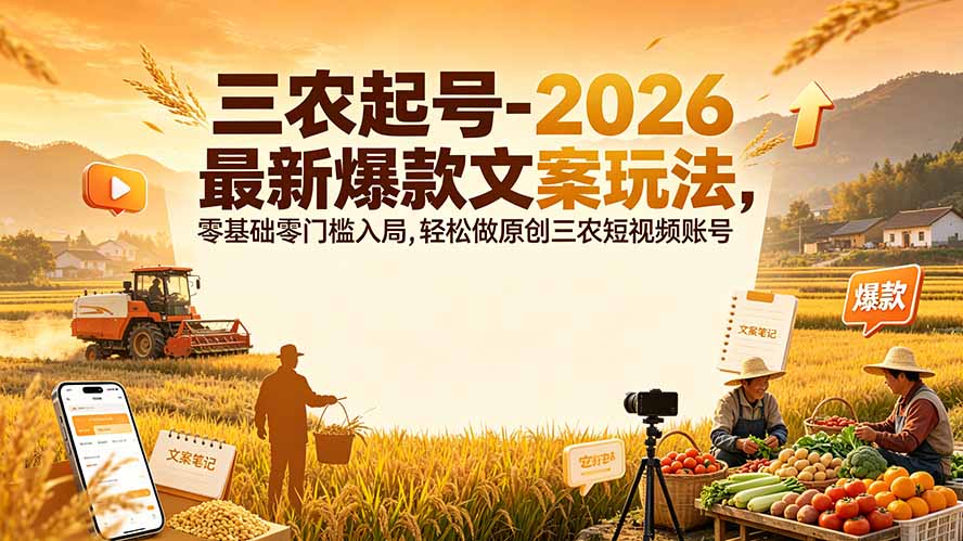 三农起号-2026 最新爆款文案玩法，零基础零门槛入局，轻松做原创三农短视频账号云学当下-创业资源网-知予轻创网-资源整合-互联网创业课程云学当下
