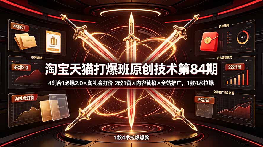 淘宝天猫打爆班原创技术第84期：4剑合1必爆2.0×淘礼金打价×2改1留×内容营销×全站推广，1款4术拉爆云学当下-创业资源网-知予轻创网-资源整合-互联网创业课程云学当下