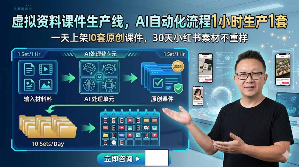 虚拟资料课件生产线，AI自动化流程1小时生产1套，一天上架10套原创课件，30天小红书素材不重样云学当下-创业资源网-知予轻创网-资源整合-互联网创业课程云学当下