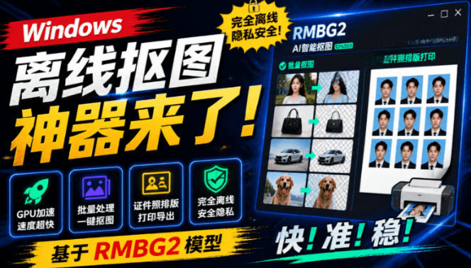 Windows离线抠图神器来了！支持批量抠图+证件照排版打印，基于RMBG2模型，GPU加速方块AI抠图云学当下-创业资源网-知予轻创网-资源整合-互联网创业课程云学当下