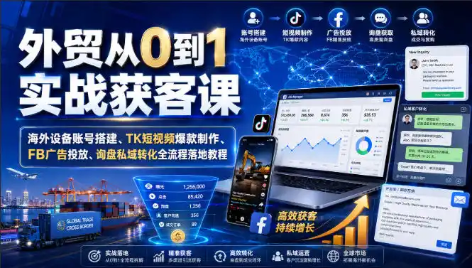 外贸从0到1实战获客课|海外设备账号搭建、TK短视频爆款制作、FB广告投放、询盘私域转化全流程落地教程云学当下-创业资源网-知予轻创网-资源整合-互联网创业课程云学当下