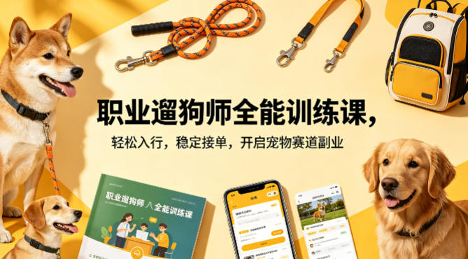职业遛狗师全能训练课，轻松入行，稳定接单，开启宠物赛道副业云学当下-创业资源网-知予轻创网-资源整合-互联网创业课程云学当下