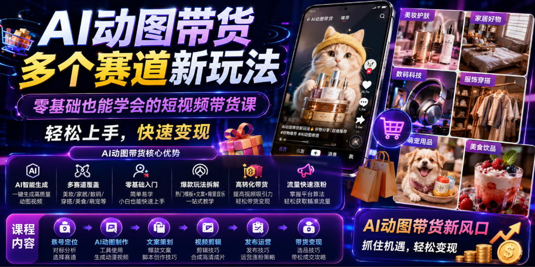 AI动图带货多个赛道新玩法，零基础也能学会的短视频带货课，轻松上手，快速变现云学当下-创业资源网-知予轻创网-资源整合-互联网创业课程云学当下