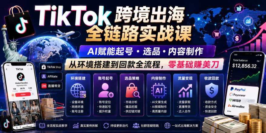 TikTok跨境出海全链路实战课,AI赋能起号・选品・内容制作,从环境搭建到回款全流程,零基础賺美刀云学当下-创业资源网-知予轻创网-资源整合-互联网创业课程云学当下
