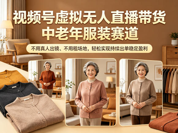 视频号虚拟无人直播带货中老年服装赛道,不用真人出镜、不用租场地,轻松实现持续出单稳定盈利云学当下-创业资源网-知予轻创网-资源整合-互联网创业课程云学当下