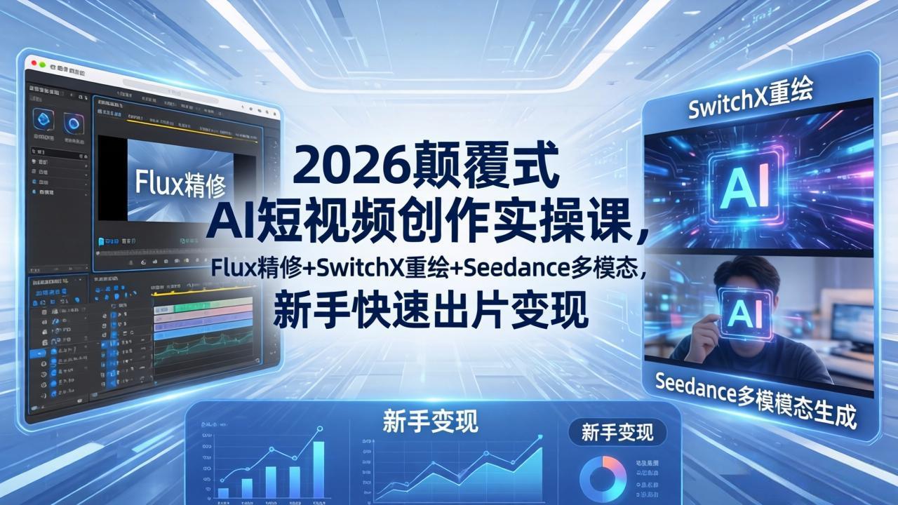 2026颠覆式 AI短视频创作课-5月更新，Flux精修+SwitchX重绘+Seedance多模态，新手快速出片变现云学当下-创业资源网-知予轻创网-资源整合-互联网创业课程云学当下