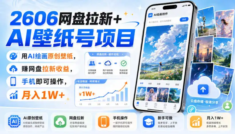 2606网盘拉新+AI壁纸号项目,用AI绘画原创壁纸,賺网盘拉新收益,手机即可操作,月入1W+云学当下-创业资源网-知予轻创网-资源整合-互联网创业课程云学当下