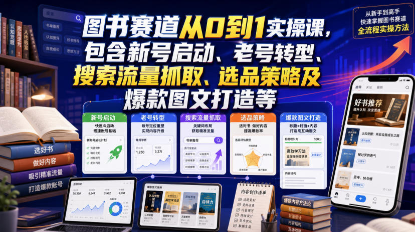 图书赛道从0到1实操课,包含新号启动、老号转型、搜索流量抓取、选品策略及爆款图文打造等云学当下-创业资源网-知予轻创网-资源整合-互联网创业课程云学当下