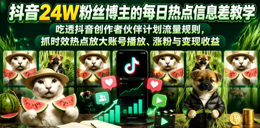 抖音24W粉丝博主的每日热点信息差教学,吃透创作者伙伴计划流量规则,抓时效热点放大账号播放、涨粉与变现收益云学当下-创业资源网-知予轻创网-资源整合-互联网创业课程云学当下